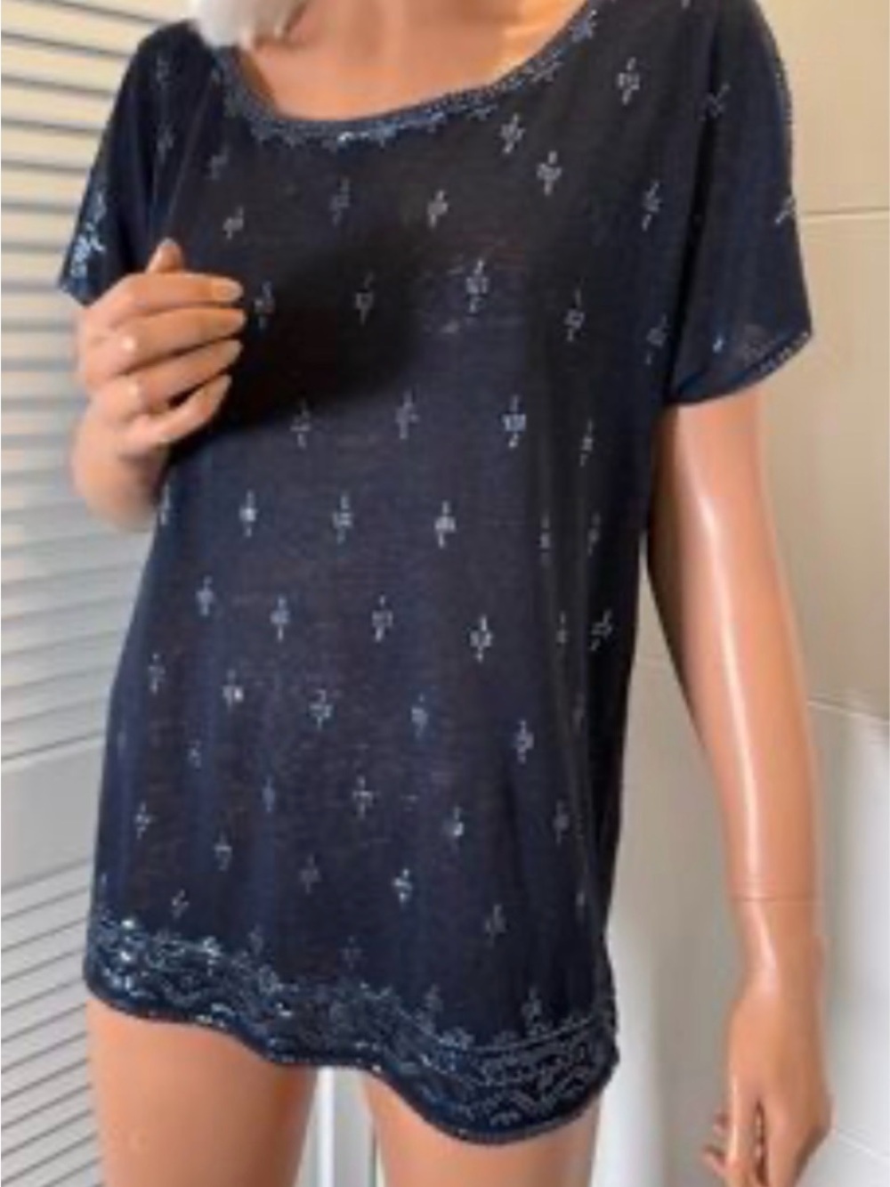 Calypso St. Barth Boho Navy Blue Beaded Linen Top Size L
